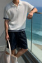 Oversize Fit Striped Knitwear Polo Collar Men's T-Shirt – Ribbed Textured Premium Summer Model