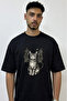 Devil Cat Design Printed Oversize Black T-Shirt
