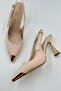 Metal Accessory Detailed Gold Heeled Shoes Stiletto Beige Satin - 5