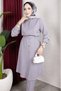 New Season Ribbed Detailed Belted Hijab Suit Hijab Top and Bottom Set - Gray
