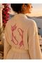 Fish Embroidered Beige Muslin Kimono Dressing Gown & Beach Kimono Muslin Peshtemal 100% Cotton
