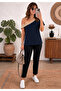 Women's One-Shoulder Asymmetrical Collar Detailed Double Color Crepe Blouse - 2