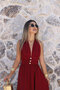 Burgundy Gold Buttoned Neck Tie Dress - 3