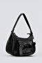 Women's Black Genuine Leather Zippered Gondola Baguette Shoulder Bag with Adjustable Extension Strap - 5