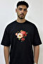 Yagli Boya Cicek Design Printed Oversize Black T-Shirt