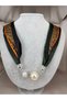 Women's Black Green Leopard Patterned Magnet Scarf Necklace with Large Pearl Detail Stylish Fabric Neck Necklace