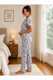 Women's Short Sleeve Summer Gray Buttoned Black Small Heart Pajama Set - 2