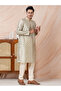 Mens Beige Self Design Jacquard Silk Kurta Set - 3
