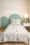 Cat Flower Pastel White Girls' Pique Set - Cute Lilac Green Baby Room Bedspread 160X220 cm - 5