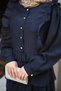Women's Skirt with Layered Ruffle Detail, Beads and Gold Buttons, Lined Tulle Set, Navy Blue - 5