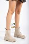 Beige Faux Leather Emerald Elastic Detailed Thick Sole Daily Comfortable Stylish Women's Boots - 2