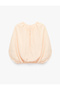 Modal Fabric Gathered Round Neck Balloon Blouse with Cape Sleeve Detail - 5