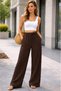 Dark Brown Linen Look Elastic Waist Palazzo Trousers