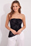 Women's Black Back Detailed Flocked Printed Asymmetrical Tulle Blouse App3000 - 2