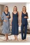 New Season Navy Blue Striped Strappy Design with Breastfeeding Feature, Lace Detail, 100% Cotton Maternity Dressing Gown, Nightgown, Pajama Set - 2