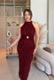 Halter Neck Glittering Elegant Burgundy Midi Dress with Gold Accessories - 7