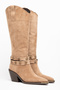 Mink Camel Matte Suede Metal Toe Cap Below the Knee Staple Belt Detail Western Cowboy Boots