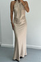 Stone Neckline Gathered Satin Dress - 2Y251089 - 2
