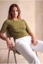 Women's Khaki Gipeli Textured Regular Fit Boat Neck 2/4 Sleeve Baby Overlock Stitching Detailed Blouse Wren - 4