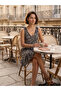 Women's Black Colorful Patterned V-Neck Sleeveless Skirt with Ruffles Comfortable Fit Viscose Elastane Fabric Dress - 4