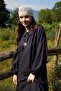 Waist-Tied, Ruffled Sleeve Linen Dress, Navy Blue - 2