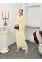 Women's V-Neck Waist-Tied Gold Detailed Wide Sleeve Jacquard Patterned Long Kimono 9088 - Yellow - 4
