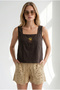 Women's Bitter Brown Square Collar Embroidered Linen Blouse Blz-19003411 - 4