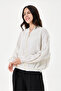 Beige Italian 100% Linen Embroidered Zippered Low Sleeve Oversize Linen Blouse Blouse Size 38 - 44