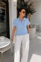 Women's Light Blue Polo Collar Bat Sleeve 100% Cotton Knitwear Blouse - 3