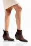 Coffee Matte Suede Flat Trok Detail Elastic Metal Toe Western Cowboy Short Ankle Boots - 5