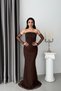Brown Strapless Stone Embellished Underwire Lace Evening Dress with Gloves