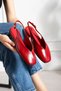 Red Crinkled Patent Leather Slingback Square Toe Belt Detailed Open Back Women's Ballerinas - Dory
