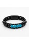 Men's Black Leather Natural Stone Bracelet - Masculine Design with Blue Agate Stone