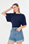 Ultra Soft Waist-Fitted Wide Sleeve Natural Viscose Navy Blue Blouse