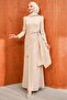 Beige Waist Detailed Stoned Evening Dress