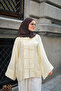 Women's Front Lace Detailed Wide Sleeve High Collar Tulle Kimono Yellow - 2