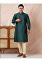 Mens Teal Green Self Design Jacquard Silk Kurta Set - 2