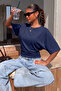 Women's Waist-Fitted Wide Sleeve Blouse Bat Sleeve Navy Blue Blouse