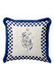 Blue Floral Plaid Framed Fringed Pillowcase - Botanical Ecru Navy Blue Tassel Throw Pillow Cover