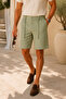 Men's Regular Fit Linen Look Elastic Waist Lace-Up Green Bermuda Shorts - 3