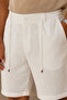 Men's Regular Fit Linen Look Elastic Waist Lace-Up White Bermuda Shorts - 4