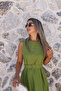 Pistachio Green Stone Belted Halter Flared Dress - 2