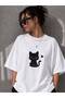 Black Cat Printed Oversize White Women's T-Shirt - 2