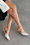 Ozy Women's Pointed Toe Low Heeled White Polka Dot Heeled Slippers 4cm - 5