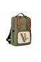 Green Woodpecker Embroidered Khaki Backpack, 15.6'' Laptop Compartment, Faux Leather Detail, Bird Pattern - 2