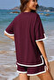 New Season Women's Short Sleeve Crew Neck Stripe Detailed Viscose Two Thread Blouse and Short Shorts Two-Piece Set - 3