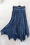 Dark Blue Lined Fringed Cut Elastic Waist Casual Wrinkled Long Woven Skirt 95 70 - 2