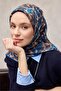 Cotton Polyester Scarf Dark Navy Blue-Blue Cream Orange Botanical Patterned Soft Textured 90X90 - 4