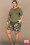 Large Size Women's Viscose Shorts Pajamas Set Khaki Floral Patterned Short Sleeve Crew Neck Relaxed Cut Pajamas Set 10447 - 6