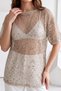 Beige Sequined Mercerized Mesh Blouse - Shimmering Transparent Textured Women's T-Shirt / Top